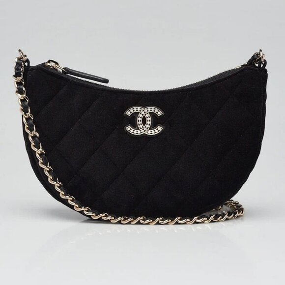 Chanel Black Quilted Velvet Crystal Chain Hobo Bag - Picture 2 of 11